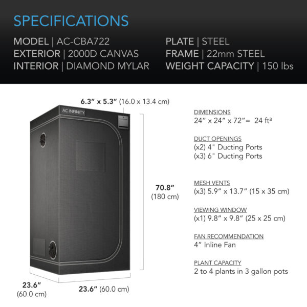 CLOUDLAB 722, Advance Grow Tent 2x2, Thickest 1 In. Poles, Highest Density 2000D Diamond Mylar Canvas, 24" x 24" x 72" - Image 3