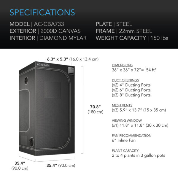 CLOUDLAB 733, Advance Grow Tent 3x3, Thickest 1 In. Poles, Highest Density 2000D Diamond Mylar Canvas, 36" x 36" x 72" - Image 3