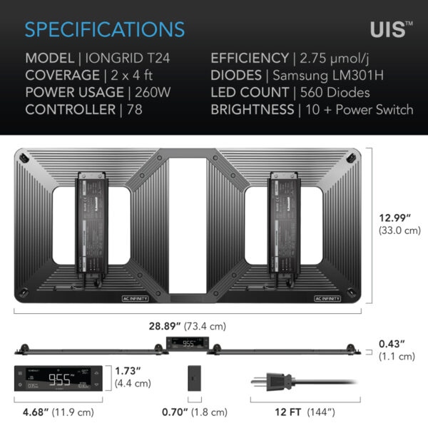 IONGRID T24, Full Spectrum LED Grow Light 260W, Samsung LM301H, 2x4 Ft. Coverage - Image 2