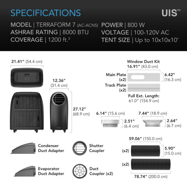 TERRAFORM 7, Multi-Functional Air Conditioner, with Heater, Dehumidifier, and Circulator, VPD Controller, 4-Way Ducting for Grow Tents, 8000 BTU [LIMIT 1 PER CUSTOMER] - Image 7